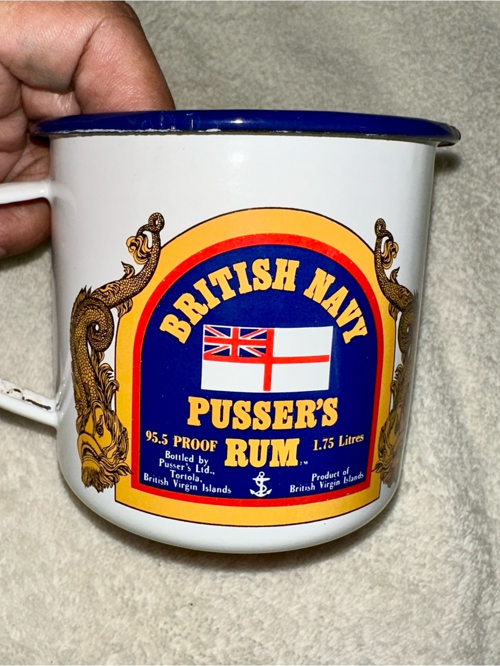 Vintage 1989 Pussers Rum Enamel Mug Pair British Navy Grog Cup Barware Tin